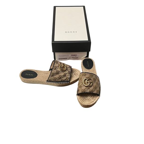 GUCCI Monogram Matelasse GG Marmont Espadrille Slide Sandals Size 38 Beige Black - Picture 12 of 16